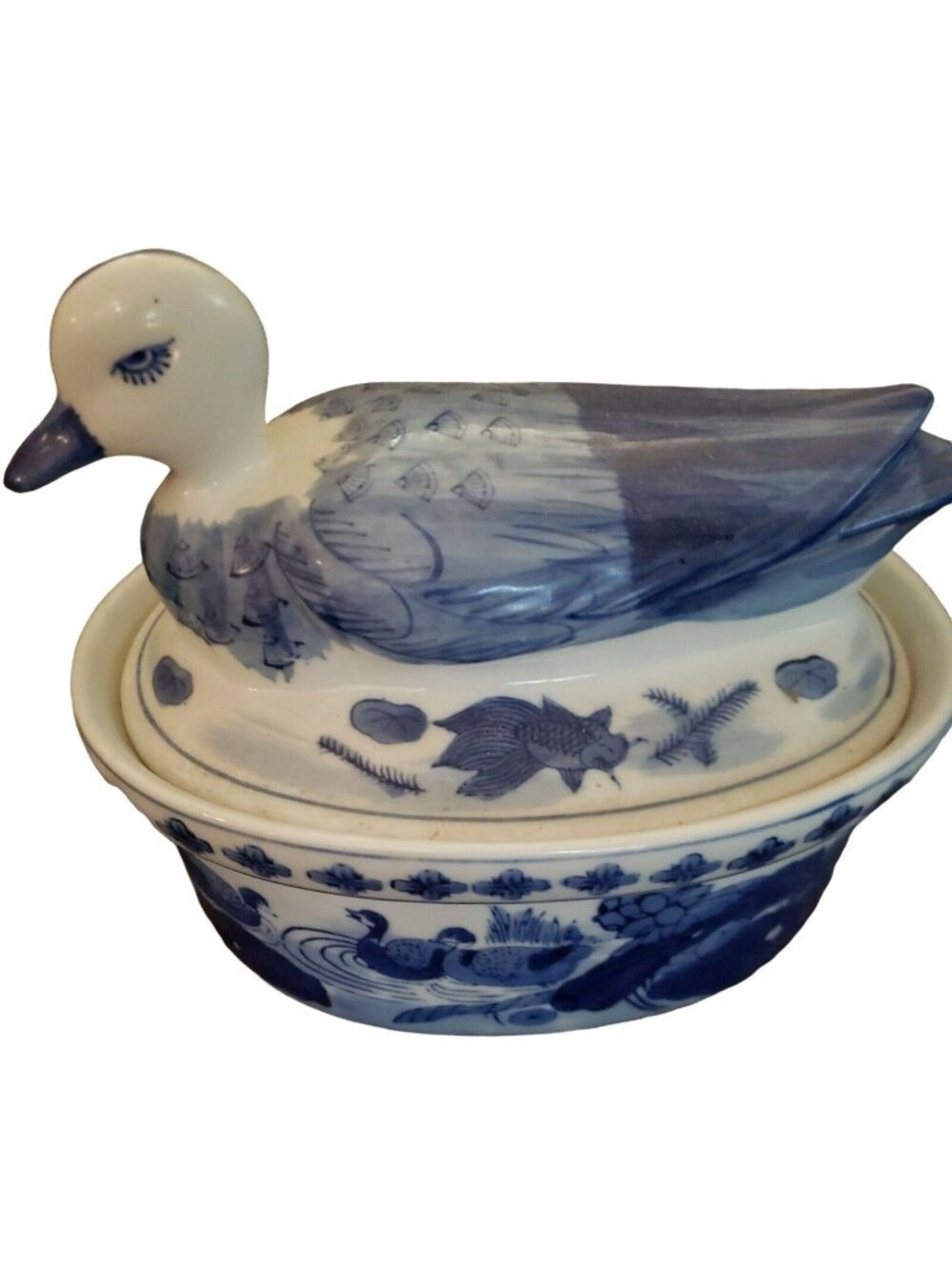 Delft Blue White Floral Swimming Duck Covered Tureen Covered Dish Pate'